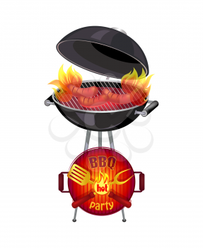BBQ hot party barbecue brazier, mangal and flames in it. Isolated icons set vector. Frying pan with text, spatula and fork, roasting sausages on grid