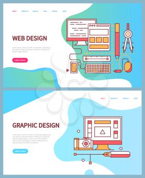 Graphic and web design technologies set of websites vector. Computer with info, internet pages development of interface, pen and tools work supplies. Webpage template, landing page in flat style