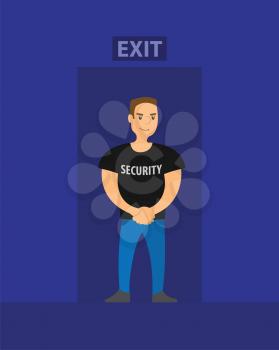 Security on exit of night club, strong control guard. Muscular man standing in black t-shirt, safety for public place, guaranty indoor safeness vector