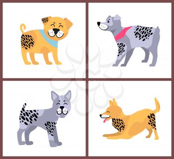 Happy dogs, icons collection with puppies of various breeds waiving their tail, pets best friends with spots isolated on vector illustration