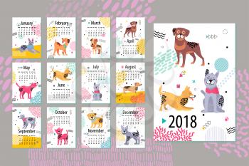 Calendar with months and weeks days, images of dogs of different breeds placed on sheets of paper with abstraction on background vector illustration