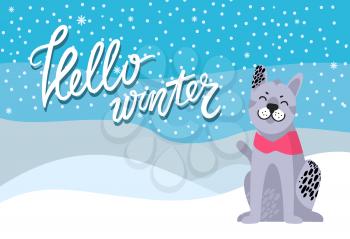 Hello winter poster with spotted grey dog with red collar, symbol of New Year 2018 on background of snowy landscape and snowflakes vector illustration