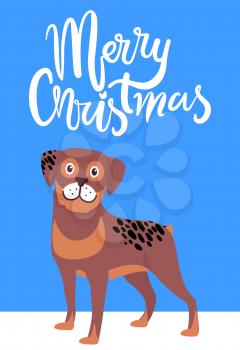 Merry Christmas greeting card with smiling brown dog with black spots side view vector illustration isolated on blue background with text