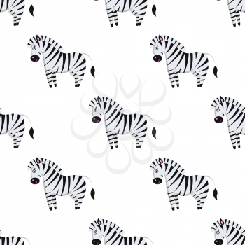 Cartoon zebra seamless pattern on white background. Striped black and whitey horse endless texture. Vector illustration of wildlife character, wallpaper wrapping paper design repeatable structure