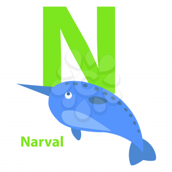 Lime green letter N Narval on kid education card. Big blue fish with sharp nose and small fins isolated on white background. Cartoon drawing vector illustration of funny baby alphabet graphic poster.