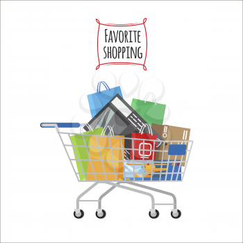 Favorite Shopping conceptual banner. Shopping trolley full of bags and boxes on white background. Shopping-themed isolated vector illustration of cart with different stuff. Biggest dream of shopaholic.