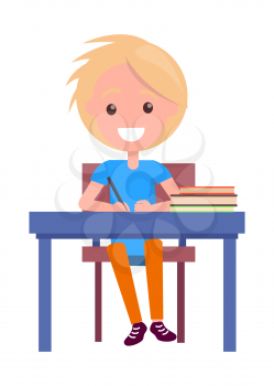 Blonde boy with textbooks at school table isolated on white. Vector illustration of begginer on 1st of September, back to school concept