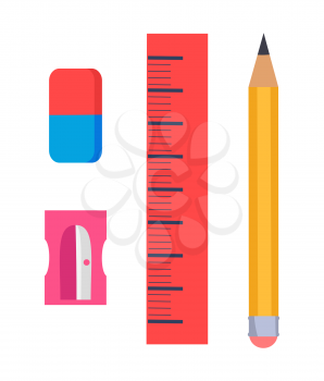 Stationery items isolated vector illustration on white. Cartoon style graphite pencil, plastic sharpener, rectangular eraser and red ruler
