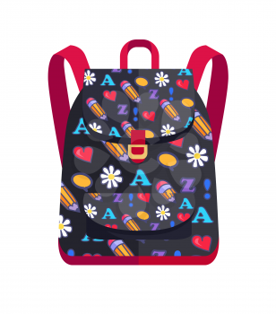 Backpack made of fabric cloth with red heart, white flower, A-Z letters chat sign on black background with violet handles vector