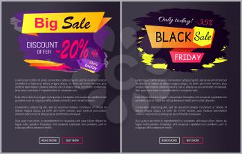 Only today big sale discount offer - 35 , -25 off Black Friday promotional web labels abstract geometric ribbons, color inscription vector illustrations