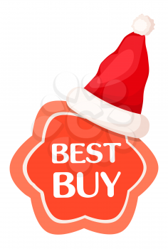 Best buy discounts label in star shape with Santa Claus hat on white. Vector sign of red winter tag with white writing in cartoon style. Seasonal paper icons for showing reduction of prices.