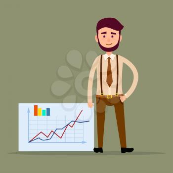 Young manager standing near placard with charts flat design on gray background. Smiling hipster dressed in white shirt, black shoes, brown trousers, suspenders and tie vector illustration graphic art