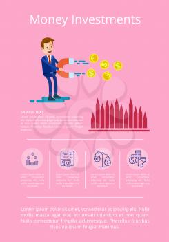 Money investment representation with businessman attracting money for startup. Vector illustration with donations visualization on pink background