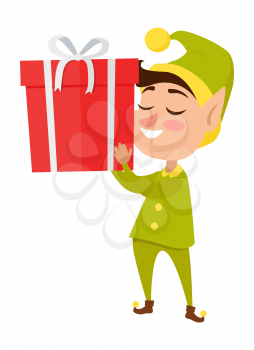 Happy elf with big present on white background worn in green with yellow costumes and hat. Vector illustration of pixies with gift pack for children. Santas helper and red present box with white bow.