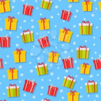 Seamless pattern with cartoon giftboxes. Wrapped boxes with stripes and bows flat vector on color background with snowflakes for gift wrapping paper, christmas greeting card, invitations
