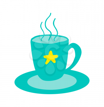 Hot cup of tasty tea with star stands on saucer isolated cartoon flat vector illustration on white background. Drink that bring Christmas mood.