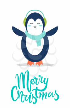 Merry Christmas greeting card with penguin in soft earpieces and warm scarf stands with spread wings and closed eyes isolated cartoon vector postcard