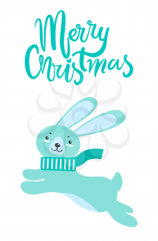 Merry Christmas greeting card fluffy rabbit with long ears, small tail in warm scarf jumps up isolated vector illustration. Funny Christmas forest hare