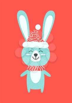 Hare with warm knitted clothes with cute little animal dressed in red hat with bubo and scarf. Vector illustration with wild beast on red background