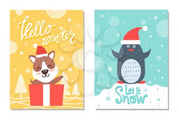 Happy winter let it snow greeting Christmas cards with bear waving from gift box and penguin in red Santas hat on snowflakes landscape background vector