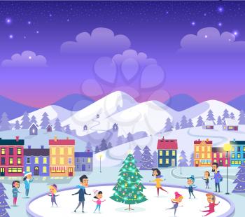 Cartoon smiling people of different ages on icerink in flat design. Christmas entertainments in decorated city in winter. Vector illustration of happy people spending New Year holidays outdoors.