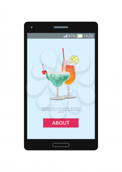 Cocktails shown on mobile phone in application, with icons of alcoholic drinks, information and button vector illustration isolated on white