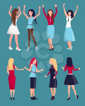 Set of women icons with positive emotions on their faces, having fun and raising hands, dressed in elegant gowns and skirts on vector illustration