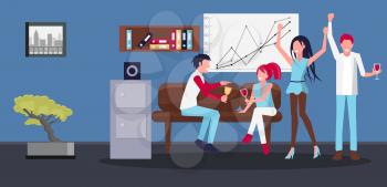Corporate party held in office with sofa and picture on wall, bonsai and whiteboard, sofa and shelf, people drinking wine vector illustration