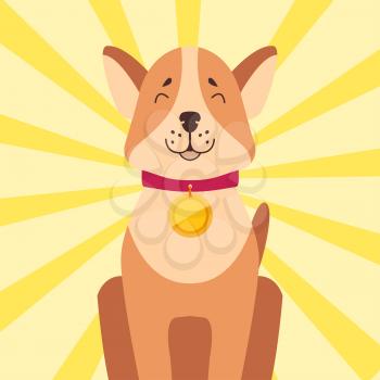 High-minded Akita-inu with golden medal on neck. Sitting winner dog with yellow award on red ribbon isolated on striped y background. Vector illustration of dogs cartoon drawing graphic design.