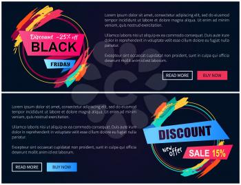 Discount black friday -15 off, pages with blue and pink buttons, given information and colorful stickers with brush strokes isolated vector