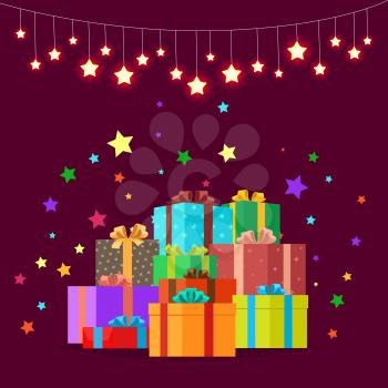 Christmas gifts in festive boxes wrapped in colorful paper with large bows surrounded by shining stars. Vector illustration of surprise on black background