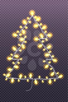 Christmas abstract tree made of garlands glittering bulbs lights vector illustration isolated on transparent background, decorative New Year element