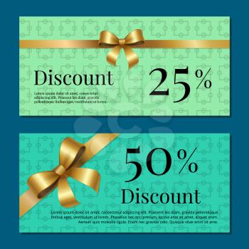 Discount 25 50 gift certificate promo poster with present sales on cards vector illustration posters isolated on blue and green abstract backgrounds