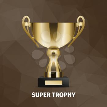 Shining super golden trophy with two handles and black base. Vector illustration isolated on brown background graphic design.