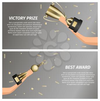 Victory web banners with glossy metallic trophy cups in human hand with falling golden foil confetti realistic isolated vector. Competition trophy, goblet for winner illustration
