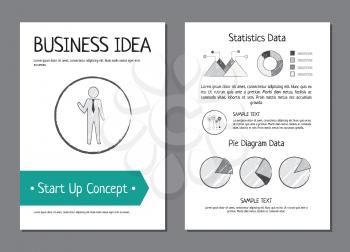 Business idea and start up concept, set of pictures with man icon and detailed information with pie diagram data and sample text vector illustration