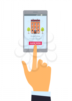 Book now hotel option with smartphone with hotel and huge button for booking online. Vector illustration of hand with device isolated on white background