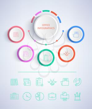 Office colorful infographics , poster with title placed in circle in centerpiece and icons concerning business theme on vector illustration