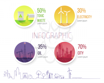 Infographic poster dealing with problems of toxic wastes, renewable sources of energy as windmills, oil production and city smog vector