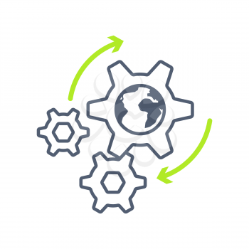 Infographic element, three gears, there is icon of globe in biggest one, interaction between them depicted with green arrows on vector illustration