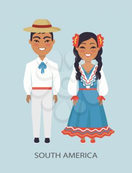 South america, culture and customs represented by man wearing hat and white costume and woman dressed in blue dress vector illustration
