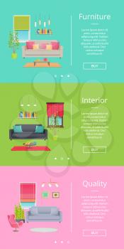 Furniture and interior, set of web pages with text sample and buy buttons below, with images of designed rooms vector illustration