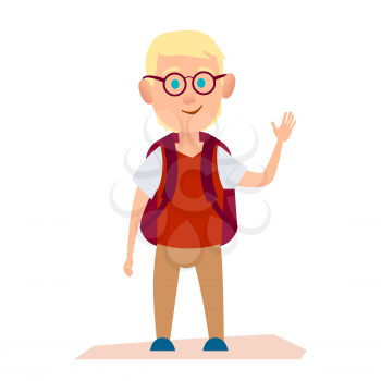 Glad albino boy with glasses and murrey knapsack on back sends greeting or goodbye by hand vector illustration isolated on white.