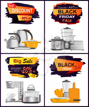 Black Friday best discount clearance with set of kitchen equipment, including coffee machines, teapots and pans. Vector illustration with set of four posters