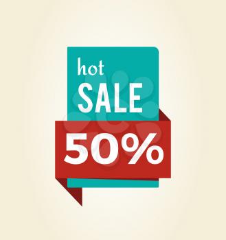 Hot sale -50 off promo label informing about reduction of prices on half, vector illustration 3D web push button isolated on white background