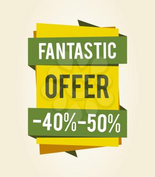 Fantastic offer sale clearance with percentage discount values on green sign isolated on white background. Vector illustration with exclusive offer