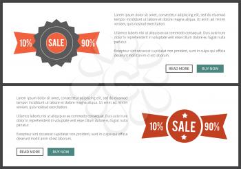 Sale 10 and 90 , web page collection, with labels and stickers, text sample and buttons on vector illustration isolated on white background