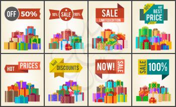 Set of promo posters with advertisement stickers informing about discounts and piles of present boxes full of surprises vector isolated on white