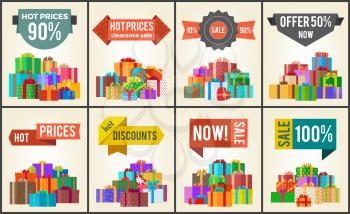 Promo labels hot prices sale discounts with percent off signs on banners with heaps of present boxes in decorative wrapping paper vector posters set