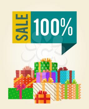 Sale save 100 push buttons on promo labels on banners with gift boxes vector illustration poster with piles of presents in color wrapping paper